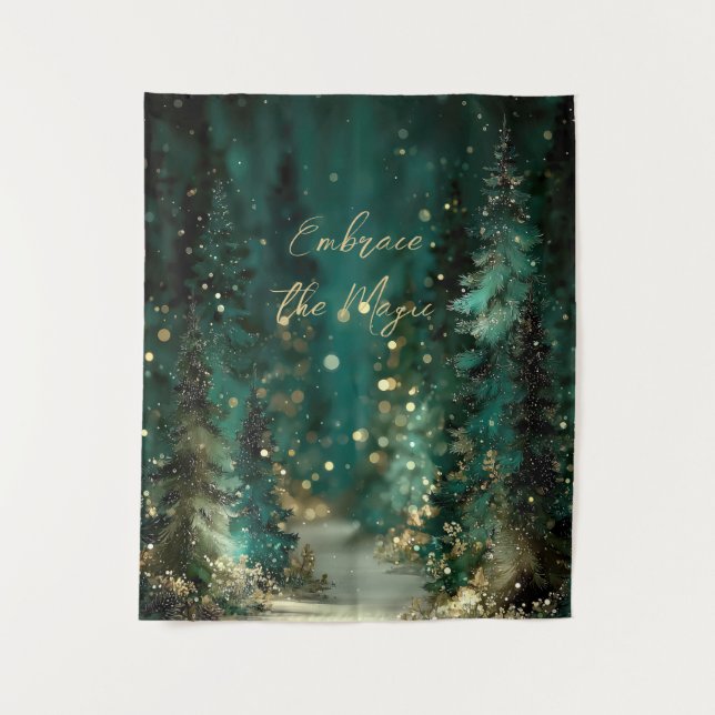 Magical Teal Green Forest Gold Bokeh Tapestry (Front)