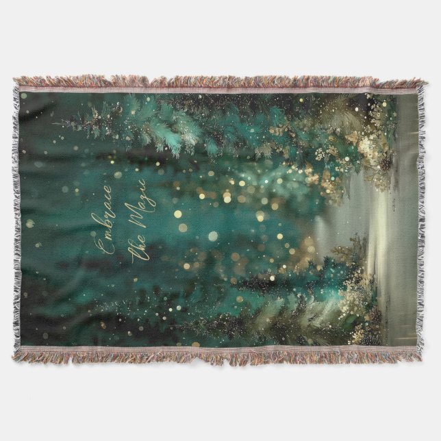 Magical Teal Green Forest Gold Bokeh Throw Blanket (Front)