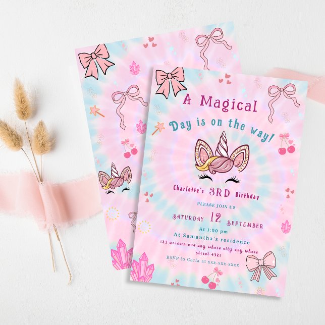 Magical Tie Dye Unicorn Coquette Bow Birthday Invitation (Creator Uploaded)