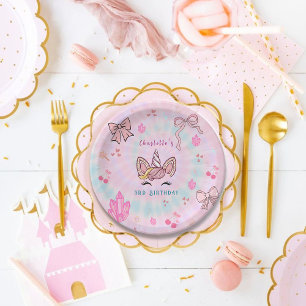 Magical Tie Dye Unicorn Coquette Bow Birthday  Paper Plate