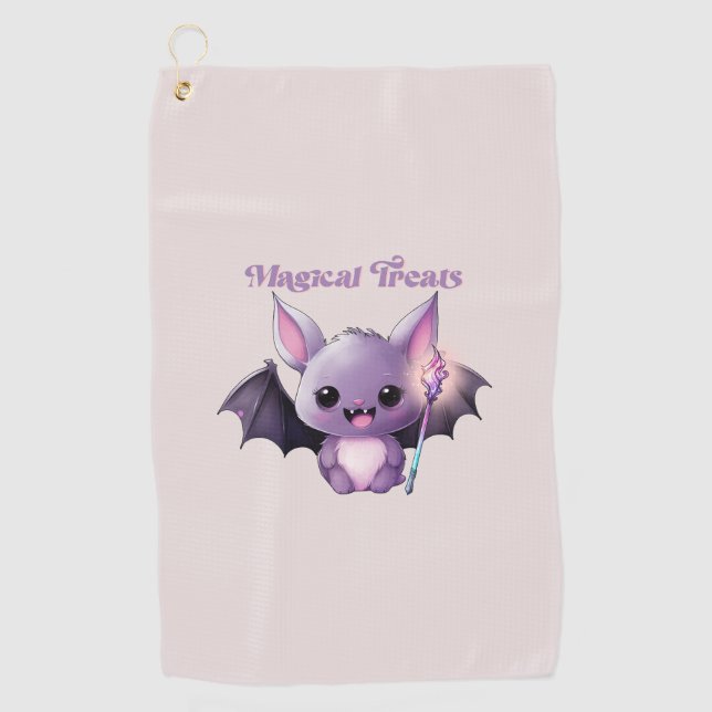 Magical Treats – Cute Purple Bat Halloween Golf Towel (Front)