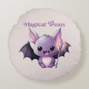 Magical Treats – Cute Purple Bat Halloween Round Cushion