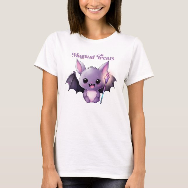 Magical Treats – Cute Purple Bat Halloween T-Shirt (Front)