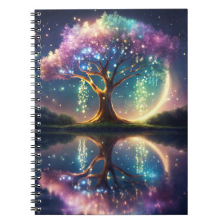 Magical tree of life with sparkles at night notebook