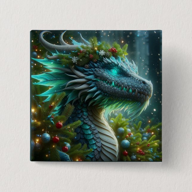 Magical Turquoise Christmas Dragon 15 Cm Square Badge (Front)