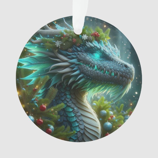 Magical Turquoise Christmas Dragon Ornament (Front)
