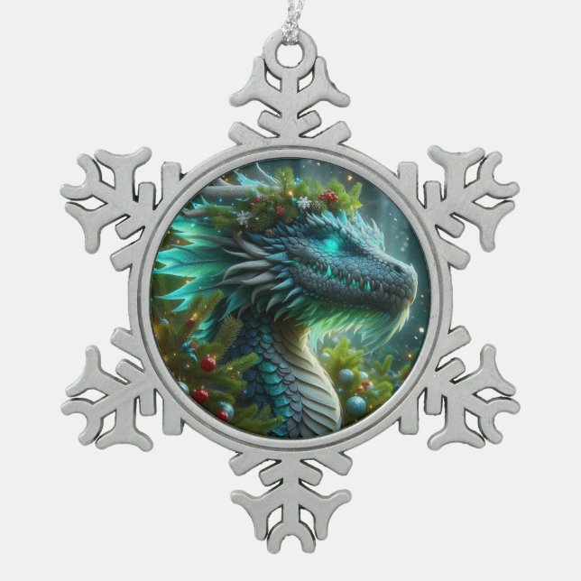 Magical Turquoise Christmas Dragon Snowflake Pewter Christmas Ornament (Front)
