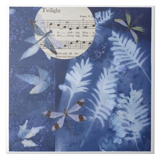 Magical Twilight Dance Dragonfly Cyanotype Tile (Front)