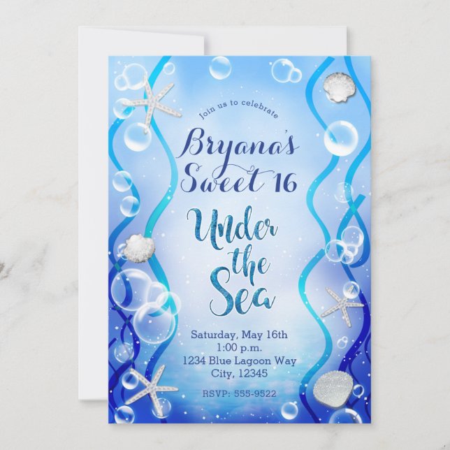 Magical Under The Sea Blue Fade Sweet 16 Birthday Invitation (Front)