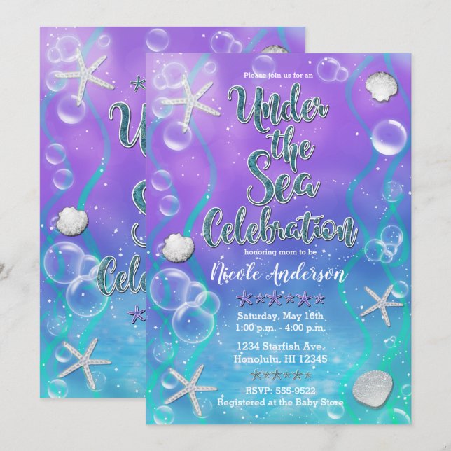 Magical Under The Sea Purple Teal Baby Shower  Invitation (Front/Back)