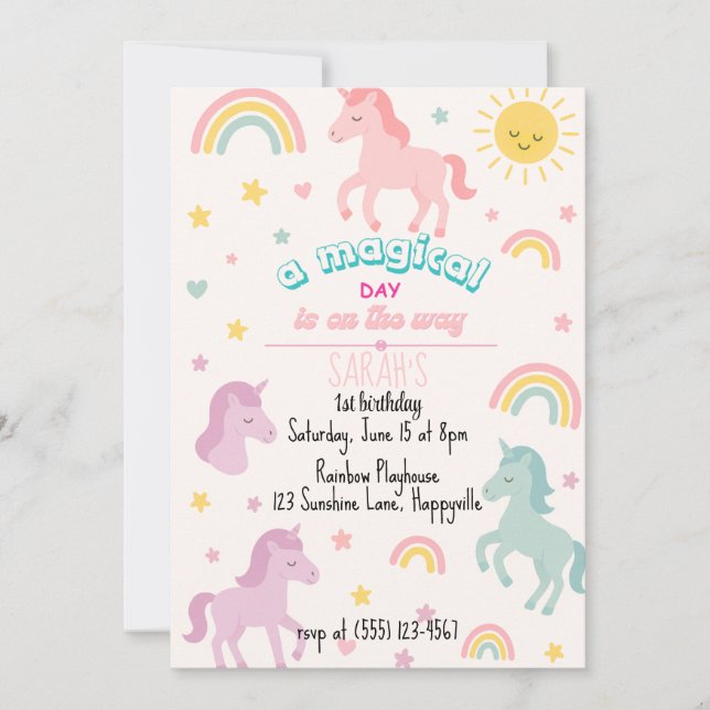 Magical Unicorn 1st Birthday Invitation for Girls  (Front)