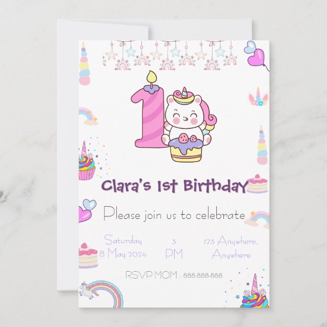 Magical Unicorn 1st Birthday Invite (Front)