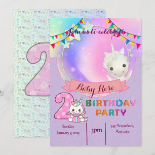 Magical Unicorn- 2nd Birthday Party Invitation