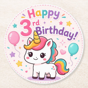 Magical Unicorn 3rd Birthday Celebration Round Paper Coaster