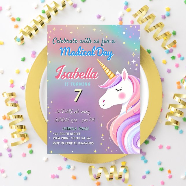 Magical Unicorn 7th Birthday Pastel Rainbow Theme Invitation (Creator Uploaded)