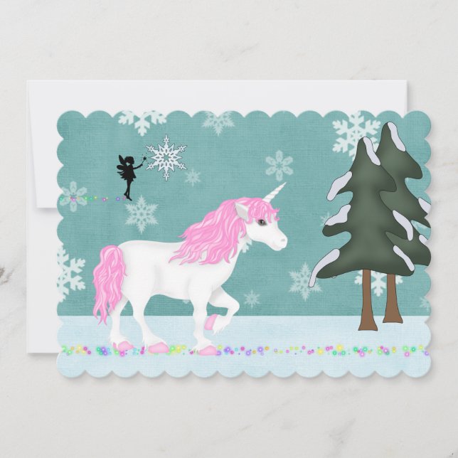 Magical Unicorn and Fairy Winter Forest Christmas Holiday Card (Front)