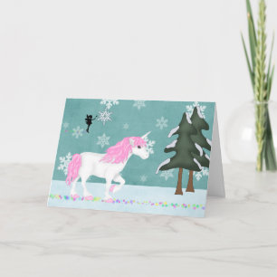 Magical Unicorn and Fairy Winter Forest Christmas Holiday Card