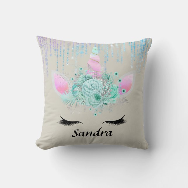 Magical unicorn and faux glitters add name pillow (Front)