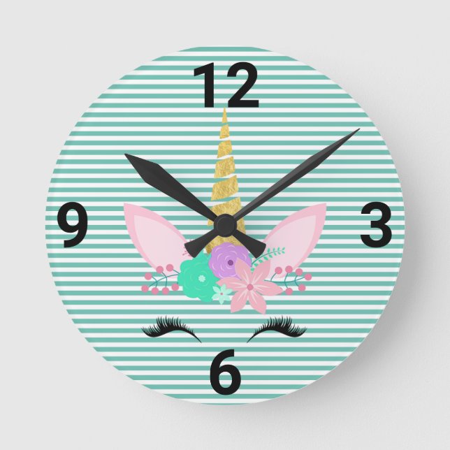 MAGICAL UNICORN AQUA GREEN STRIPE WALL CLOCK (Front)