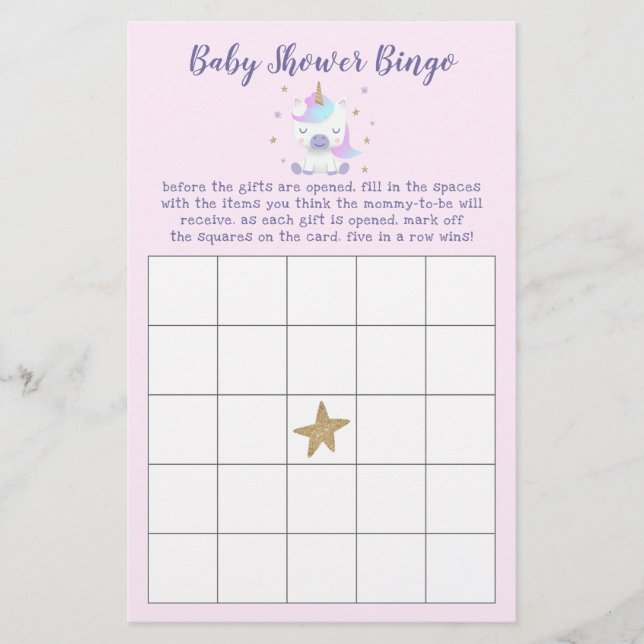 Magical Unicorn Baby Shower Bingo Game (Front)