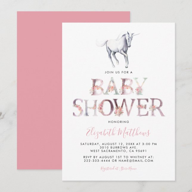 Magical Unicorn Baby Shower | Pink Floral Girl Invitation (Front/Back)
