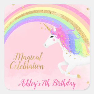 Magical Unicorn Birthday    Gold Rainbow Square Sticker