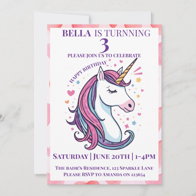Magical Unicorn Birthday Invitation for Girls  (Front)