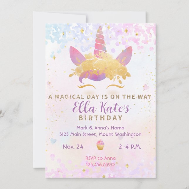 Magical Unicorn Birthday Invitation Pastel  (Front)