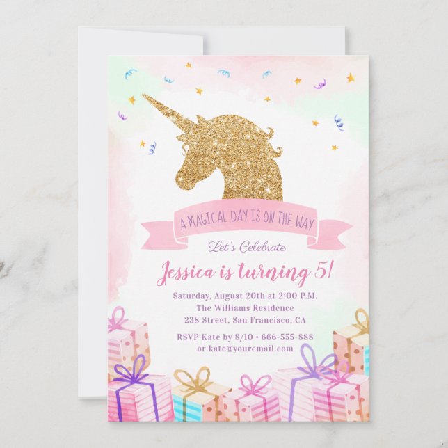 Magical Unicorn Birthday Invitation | Pink Gold (Front)