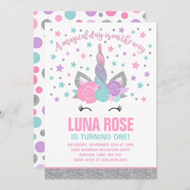 Magical Unicorn Birthday Invitation Pink & Silver (Front/Back)
