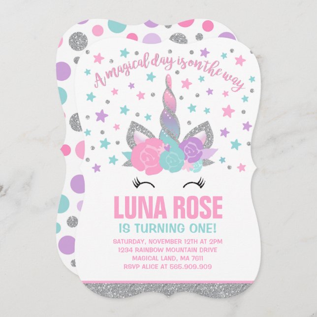Magical Unicorn Birthday Invitation Pink & Silver (Front/Back)