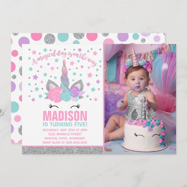 Magical Unicorn Birthday Invitation Pink & Silver (Front/Back)