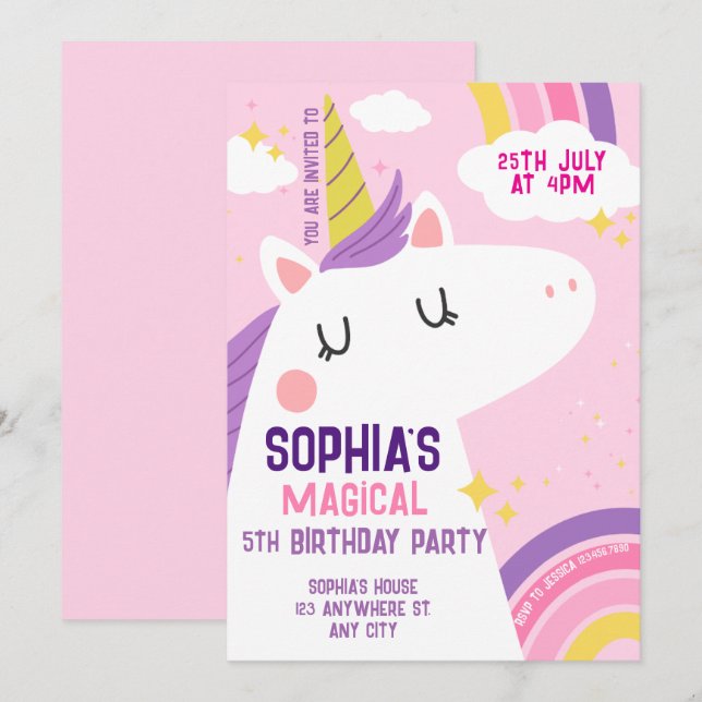 Magical Unicorn Birthday Invitation Rainbow  (Front/Back)