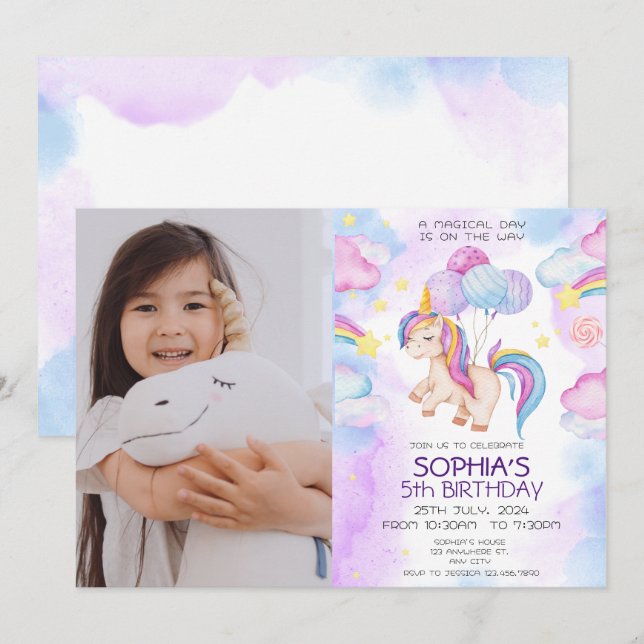 Magical Unicorn Birthday Invitation Rainbow  (Front/Back)