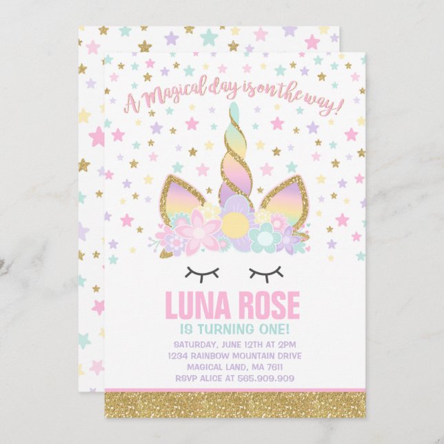 Magical Unicorn Birthday Invitation Unicorn Party (Front/Back)
