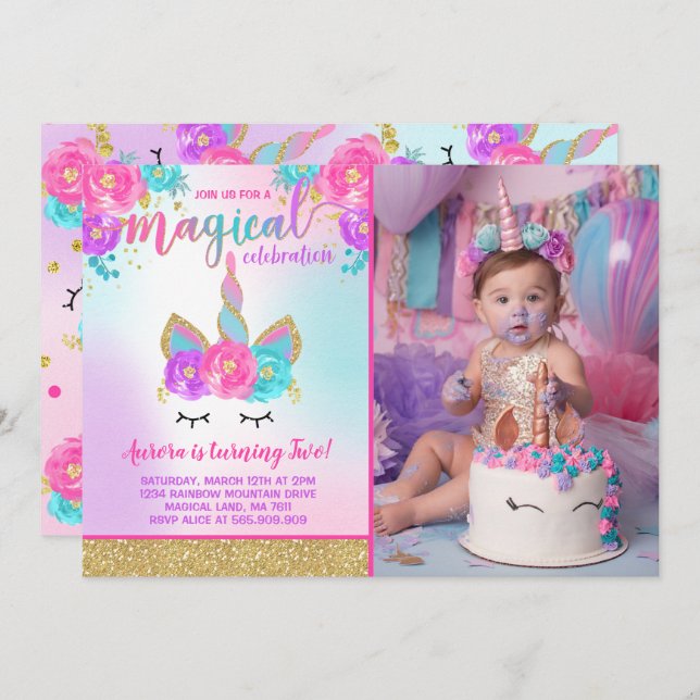 Magical Unicorn Birthday Invitation Unicorn Party (Front/Back)