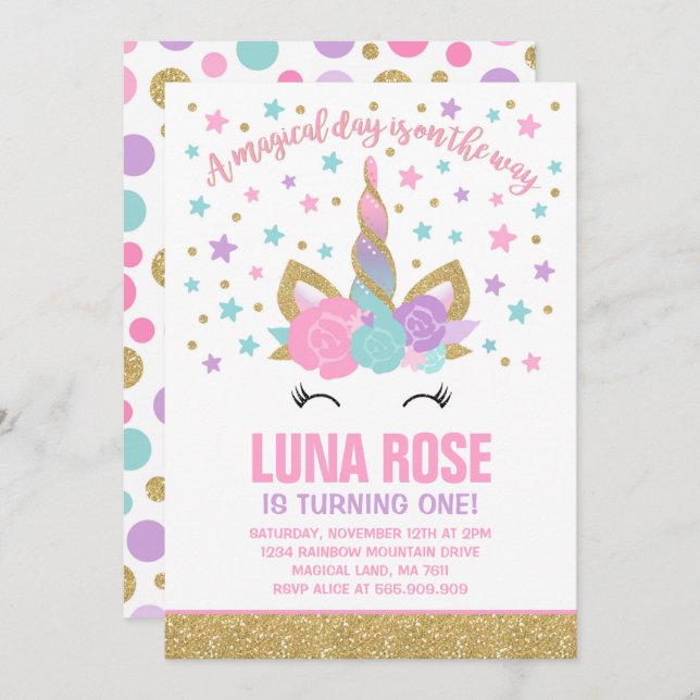 Magical Unicorn Birthday Invitation Unicorn Party (Front/Back)