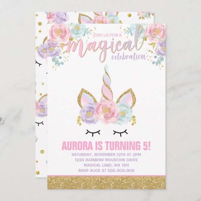 Magical Unicorn Birthday Invitation Unicorn Party (Front/Back)