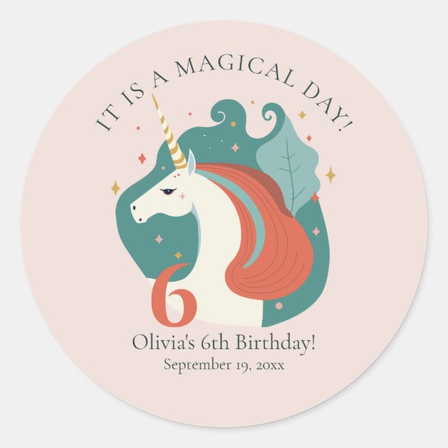 Magical Unicorn Birthday Party Classic Round Sticker (Front)