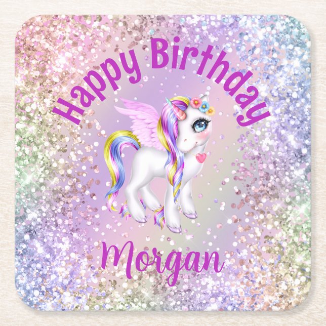 Magical Unicorn Birthday Party Cupcakes Square Paper Coaster (Front)