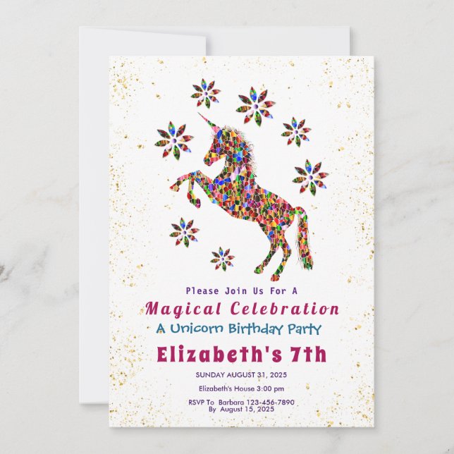 Magical Unicorn Birthday Party Glitter Personalise Invitation (Front)