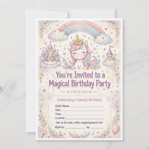 Magical unicorn birthday party invitations
