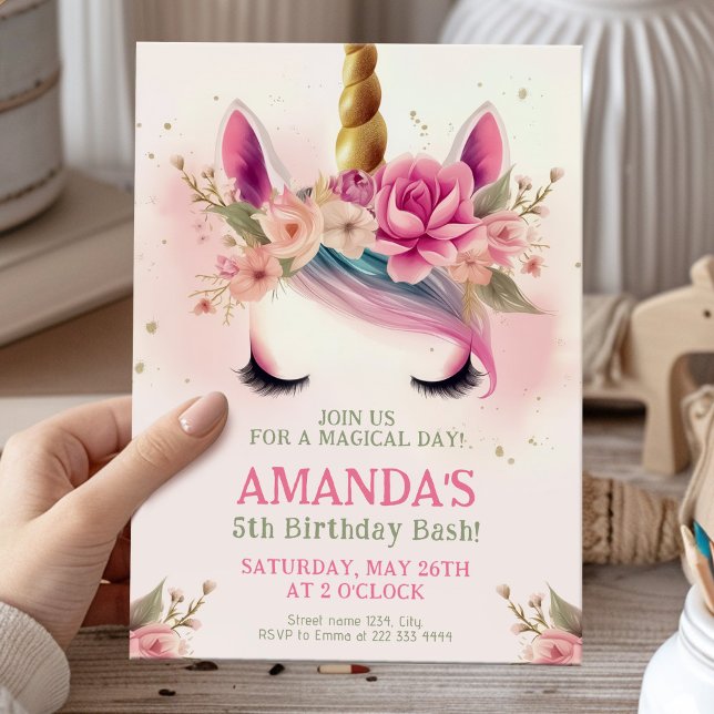 Magical Unicorn Birthday Party with Flowers Invitation (Creator Uploaded)