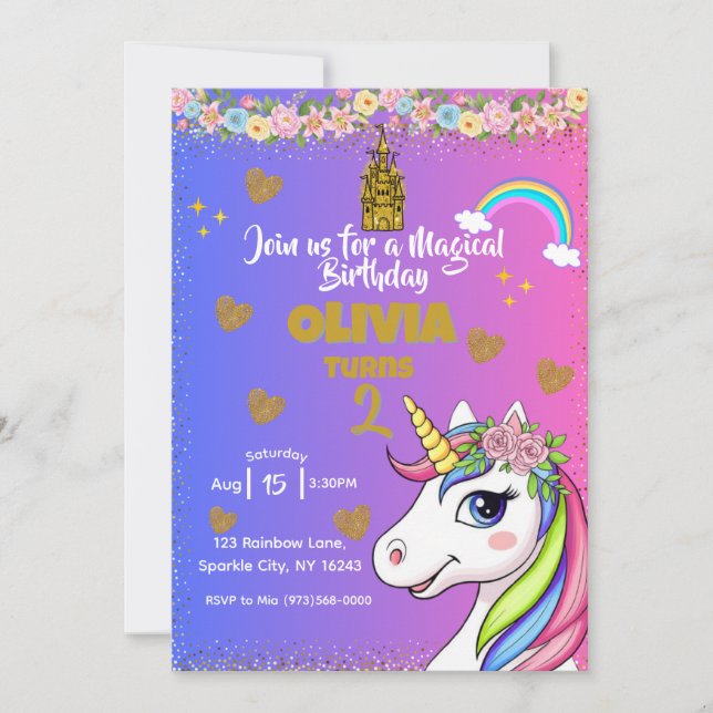Magical Unicorn Birthday- Pink Girls Invitation (Front)