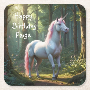 Magical Unicorn Birthday Square Paper Coaster