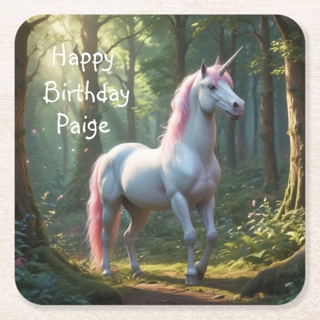 Magical Unicorn Birthday Square Paper Coaster (Front)