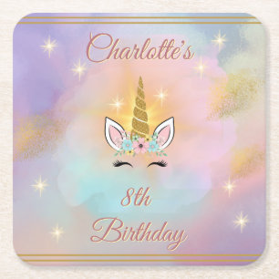 Magical Unicorn Birthday Square Paper Coaster
