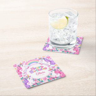 Magical Unicorn Birthday Square Paper Coaster