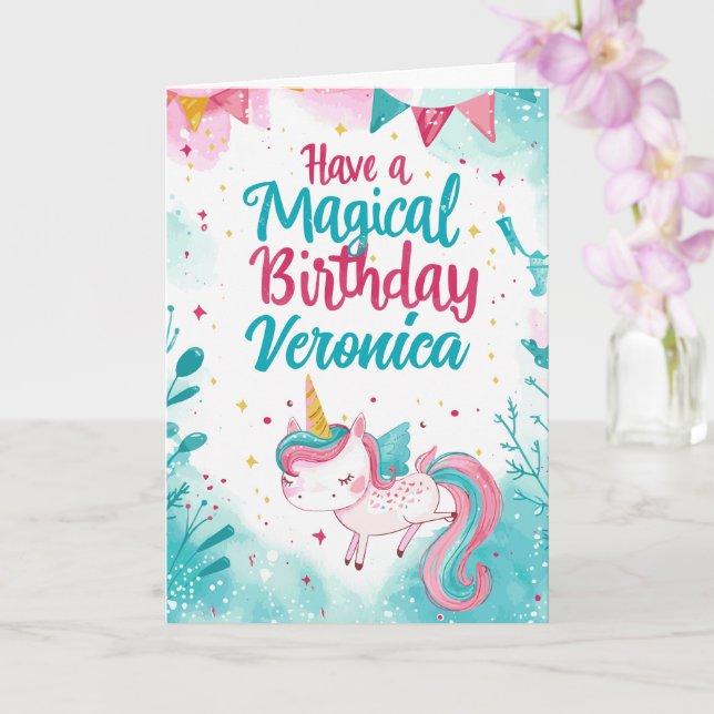 Magical Unicorn Birthday Wishes Greeting Card (Orchid)