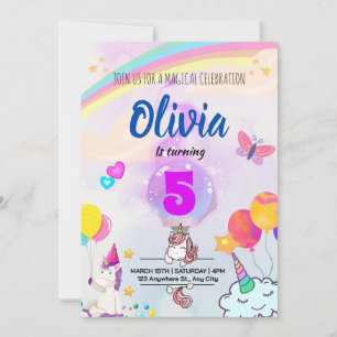 Magical Unicorn Birthday with Colourful Rainbow  Invitation